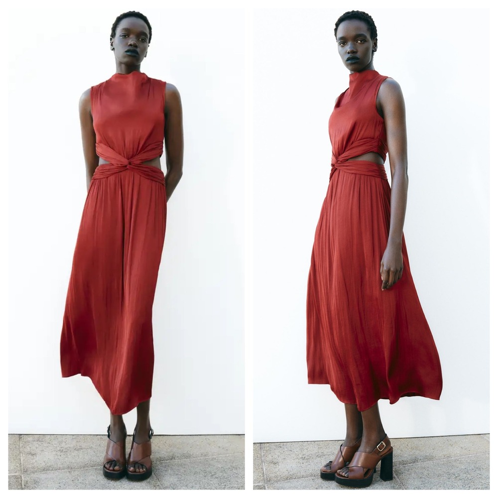 Zara Pleated Cut Out Knot Maxi Dress 2842/945/658‎ Terracotta Size Small
